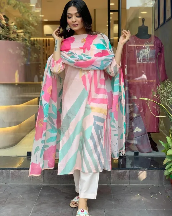 Cream_Chanderi_Viscose_Embroidered_A-Line_Kurta_With_Dupatta_And_Pant_Set_For_Women