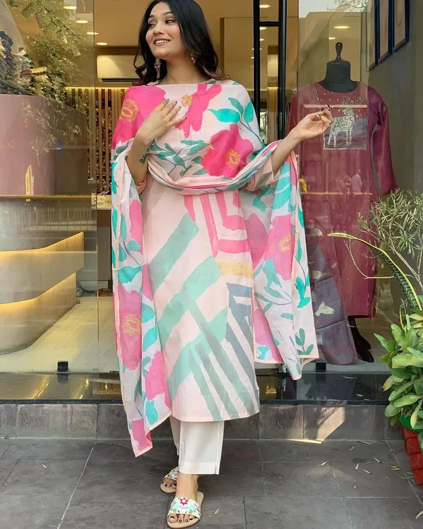Cream_Chanderi_Viscose_Embroidered_A-Line_Kurta_With_Dupatta_And_Pant_Set_For_Women