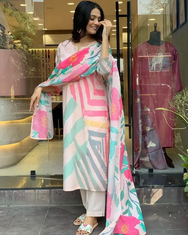 Cream_Chanderi_Viscose_Embroidered_A-Line_Kurta_With_Dupatta_And_Pant_Set_For_Women