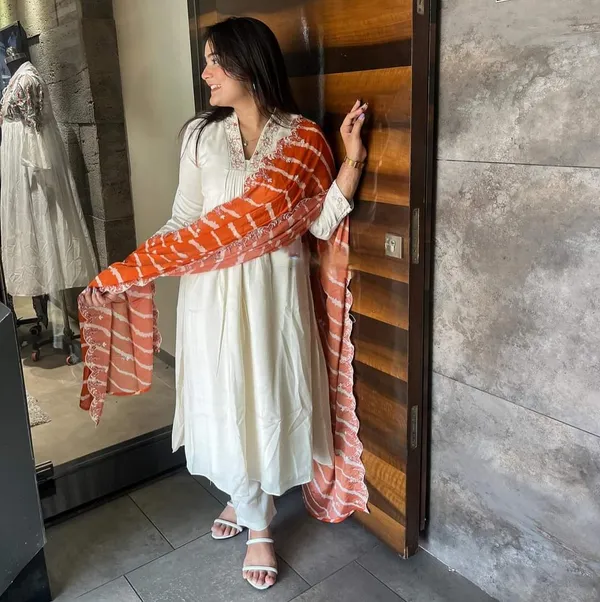 White_Chanderi_Viscose_Embroidered_A-Line_Kurta_With_Dupatta_And_Pant_Set_For_Women