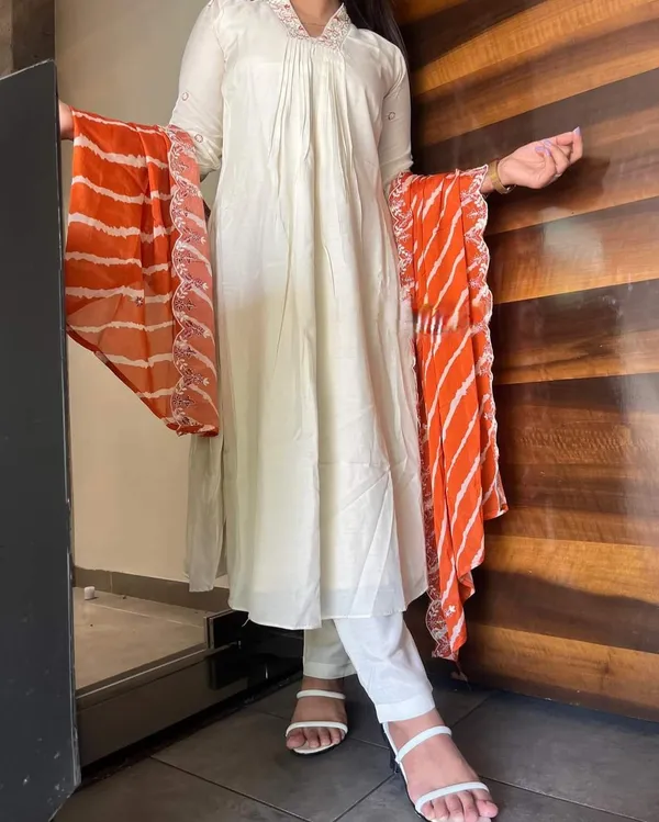 White_Chanderi_Viscose_Embroidered_A-Line_Kurta_With_Dupatta_And_Pant_Set_For_Women