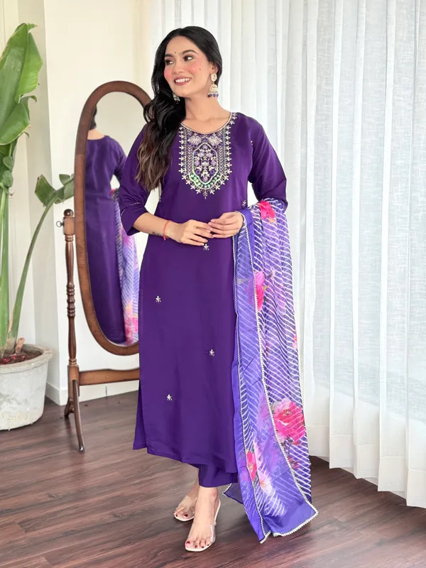 Violet_Chanderi_Viscose_Embroidered_A-Line_Kurta_With_Dupatta_And_Pant_Set_For_Women