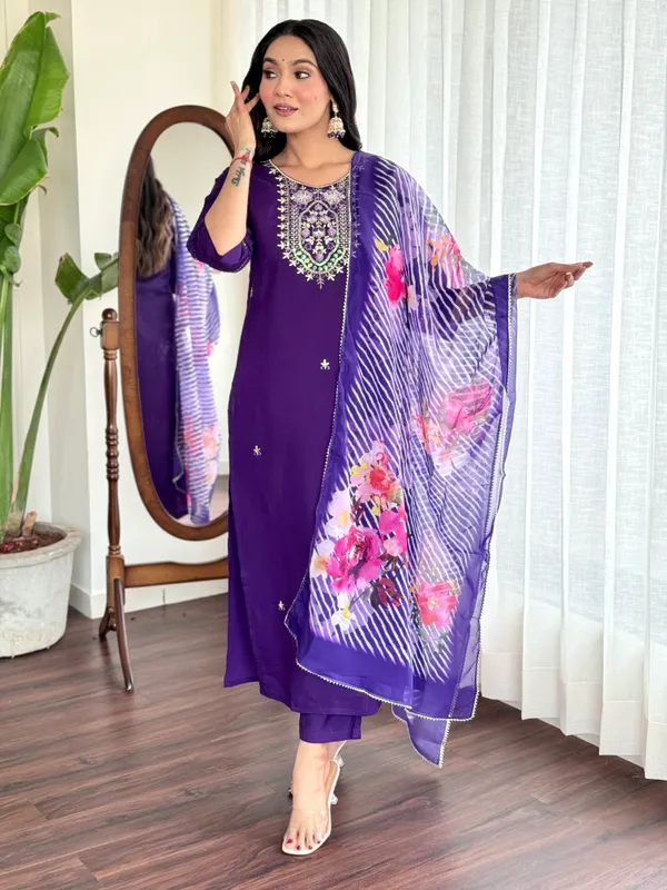 Violet_Chanderi_Viscose_Embroidered_A-Line_Kurta_With_Dupatta_And_Pant_Set_For_Women