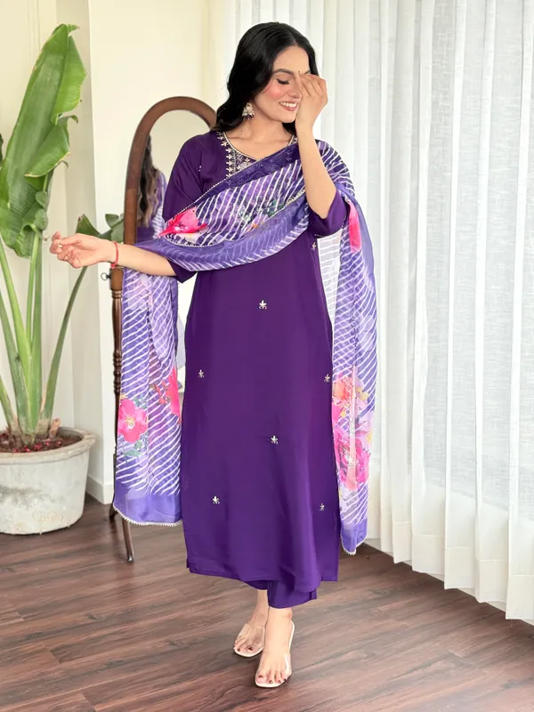 Violet_Chanderi_Viscose_Embroidered_A-Line_Kurta_With_Dupatta_And_Pant_Set_For_Women