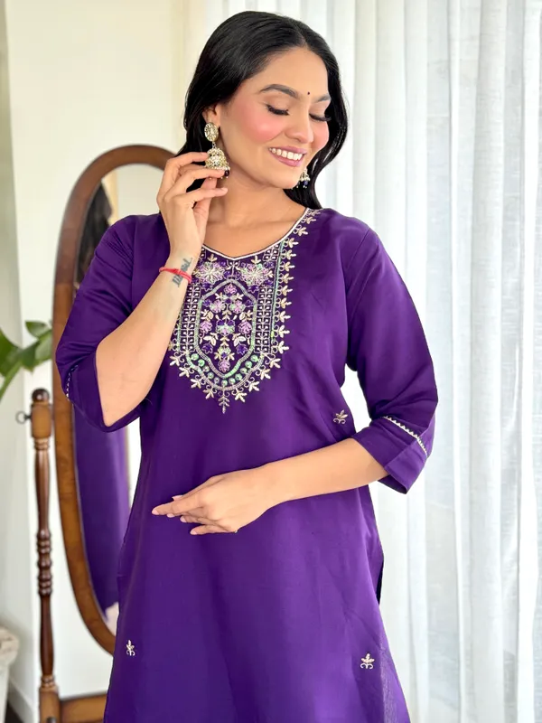 Violet_Chanderi_Viscose_Embroidered_A-Line_Kurta_With_Dupatta_And_Pant_Set_For_Women