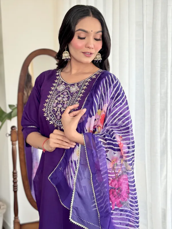 Violet_Chanderi_Viscose_Embroidered_A-Line_Kurta_With_Dupatta_And_Pant_Set_For_Women