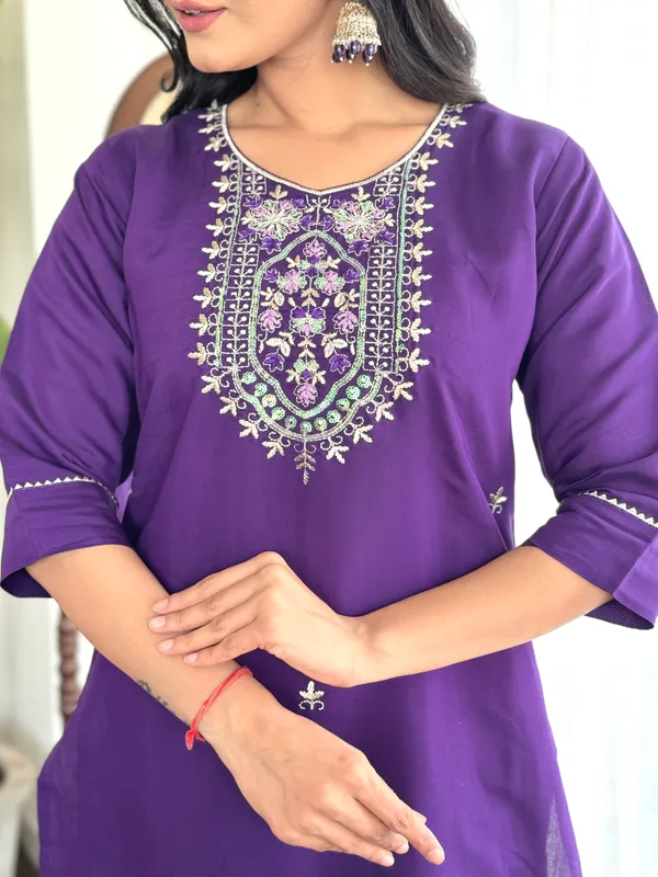 Violet_Chanderi_Viscose_Embroidered_A-Line_Kurta_With_Dupatta_And_Pant_Set_For_Women