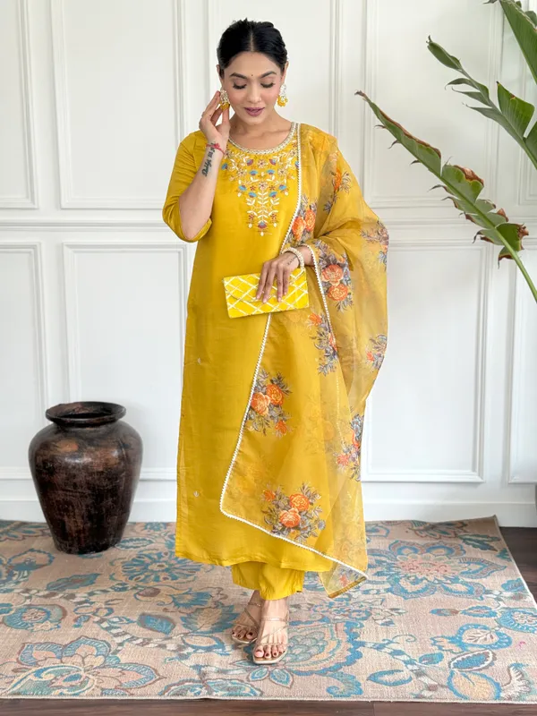 Yellow_Chanderi_Viscose_Embroidered_A-Line_Kurta_With_Dupatta_And_Pant_Set_For_Women
