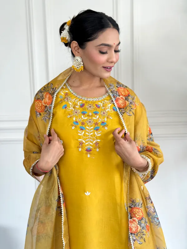 Yellow_Chanderi_Viscose_Embroidered_A-Line_Kurta_With_Dupatta_And_Pant_Set_For_Women