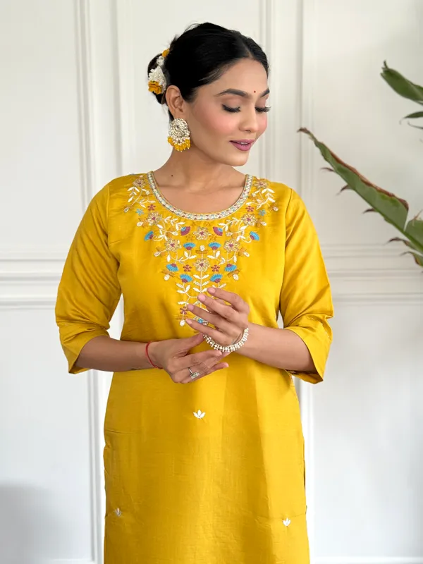 Yellow_Chanderi_Viscose_Embroidered_A-Line_Kurta_With_Dupatta_And_Pant_Set_For_Women
