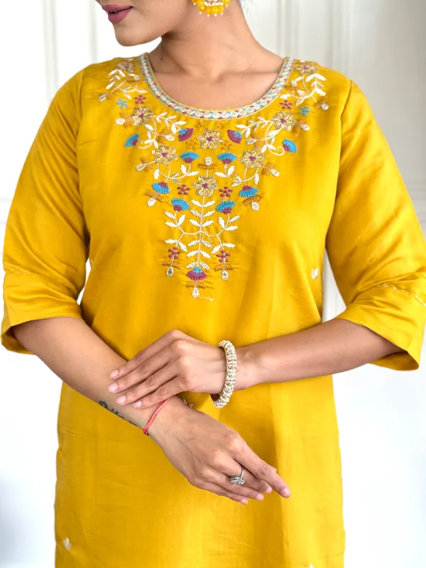 Yellow_Chanderi_Viscose_Embroidered_A-Line_Kurta_With_Dupatta_And_Pant_Set_For_Women