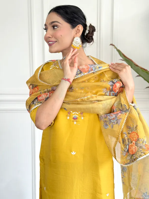 Yellow_Chanderi_Viscose_Embroidered_A-Line_Kurta_With_Dupatta_And_Pant_Set_For_Women