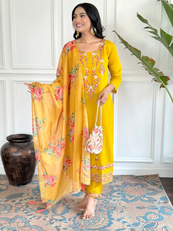 Yellow_Chanderi_Viscose_Embroidered_A-Line_Kurta_With_Dupatta_And_Pant_Set_For_Women