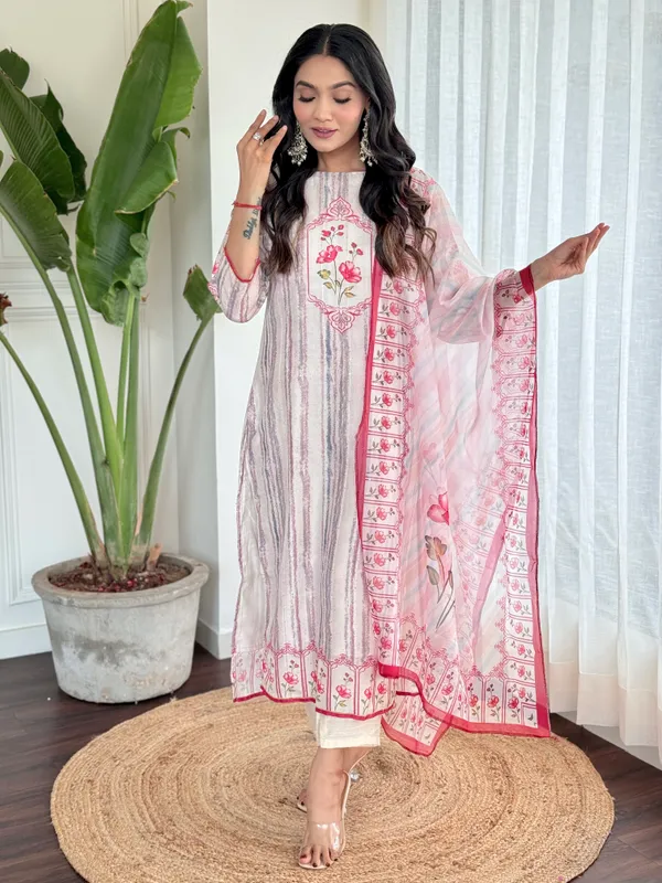 White_Muslin_A-Line_Floral_Printed_Kurta_With_Dupatta_And_Pant_Set_For_Women