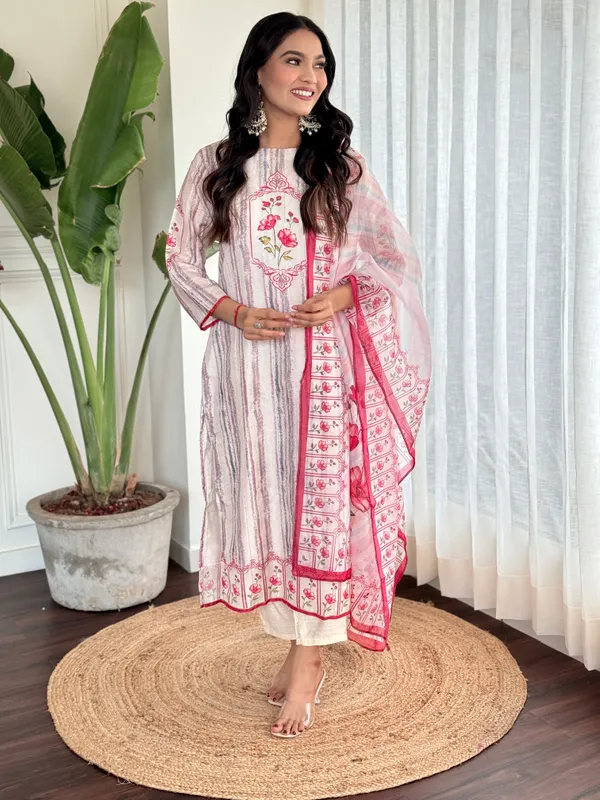 White_Muslin_A-Line_Floral_Printed_Kurta_With_Dupatta_And_Pant_Set_For_Women