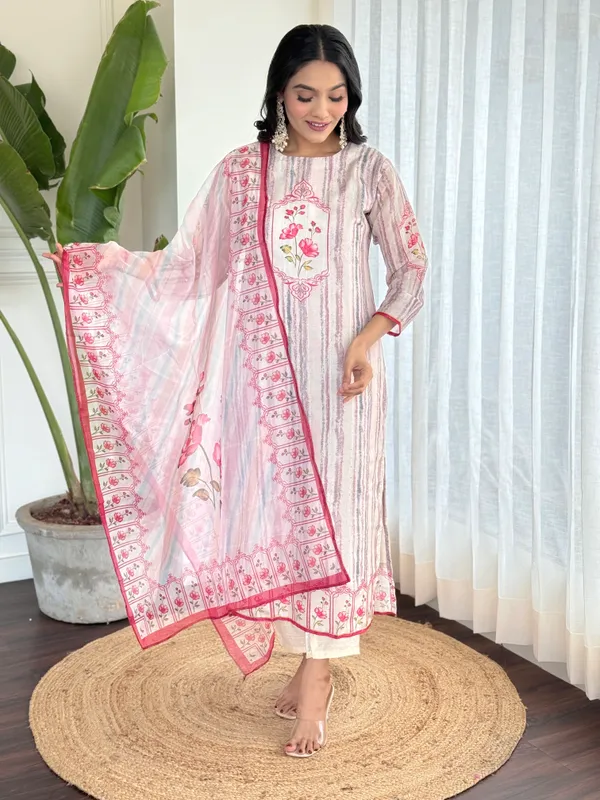 White_Muslin_A-Line_Floral_Printed_Kurta_With_Dupatta_And_Pant_Set_For_Women