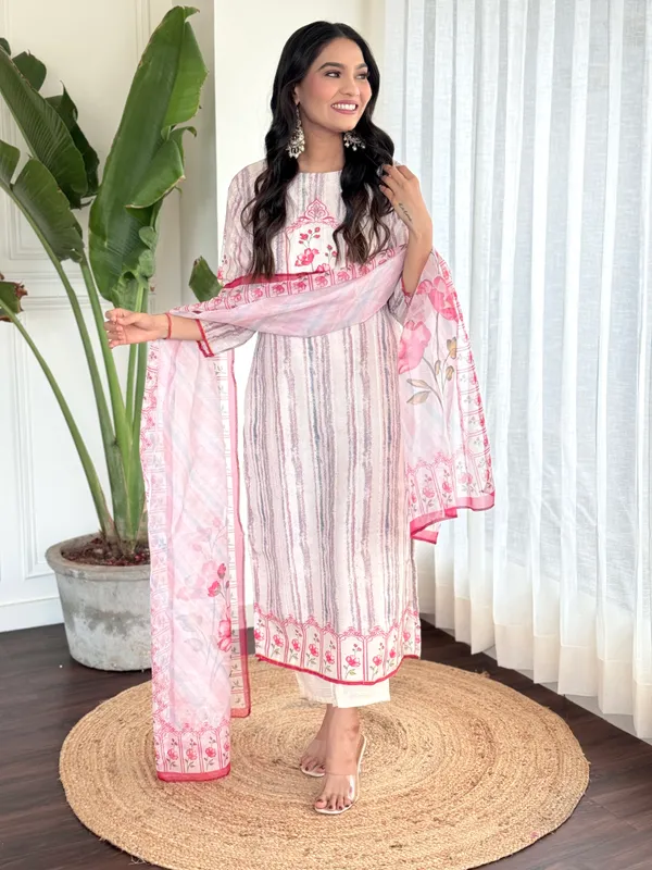 White_Muslin_A-Line_Floral_Printed_Kurta_With_Dupatta_And_Pant_Set_For_Women