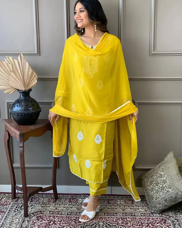 Yellow_Chanderi_Viscose_Embroidered_A-Line_Kurta_With_Dupatta_And_Pant_Set_For_Women