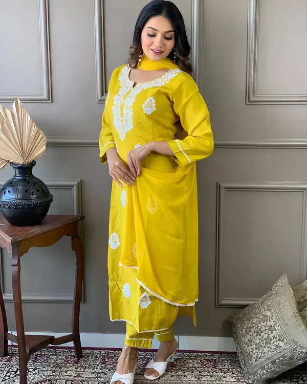 Yellow_Chanderi_Viscose_Embroidered_A-Line_Kurta_With_Dupatta_And_Pant_Set_For_Women