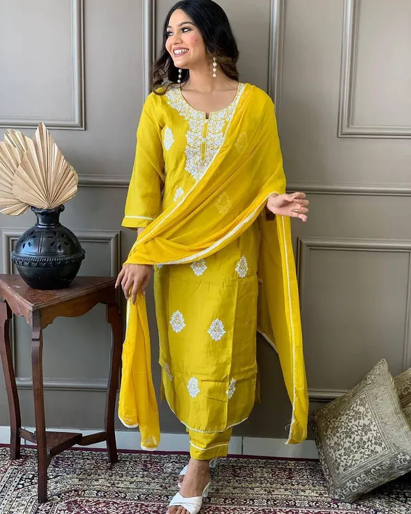 Yellow_Chanderi_Viscose_Embroidered_A-Line_Kurta_With_Dupatta_And_Pant_Set_For_Women