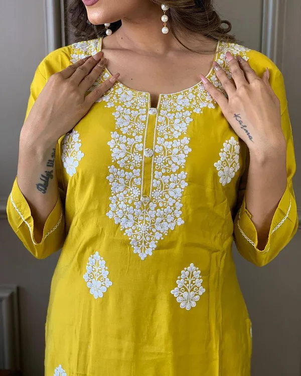 Yellow_Chanderi_Viscose_Embroidered_A-Line_Kurta_With_Dupatta_And_Pant_Set_For_Women