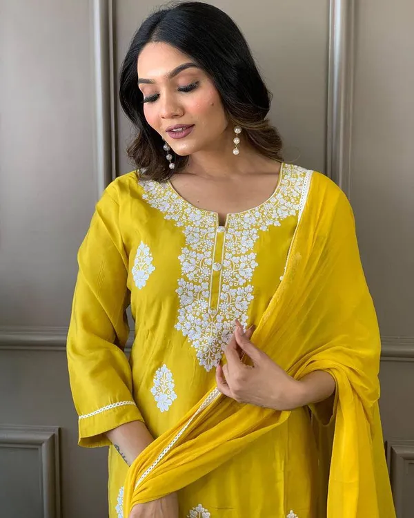 Yellow_Chanderi_Viscose_Embroidered_A-Line_Kurta_With_Dupatta_And_Pant_Set_For_Women