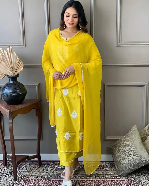 Yellow_Chanderi_Viscose_Embroidered_A-Line_Kurta_With_Dupatta_And_Pant_Set_For_Women
