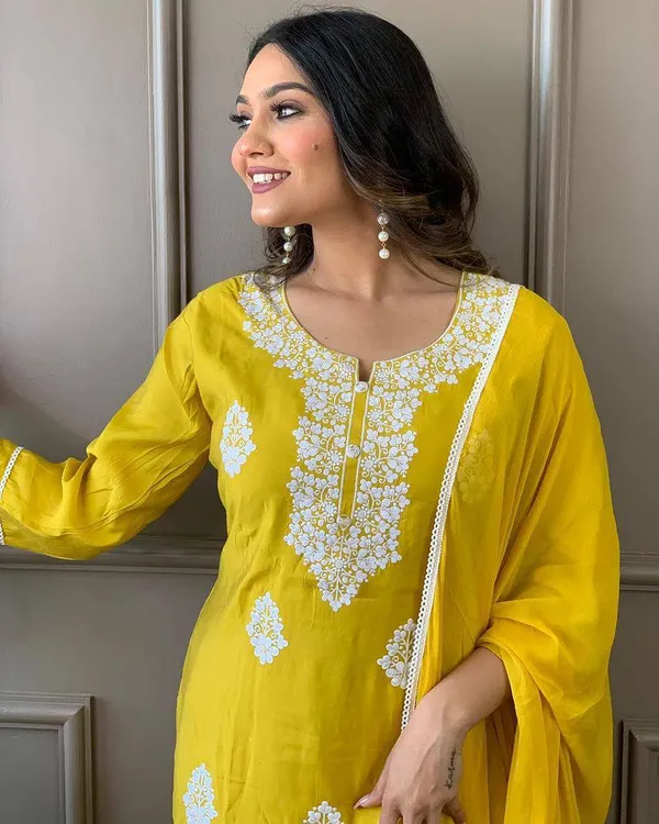 Yellow_Chanderi_Viscose_Embroidered_A-Line_Kurta_With_Dupatta_And_Pant_Set_For_Women
