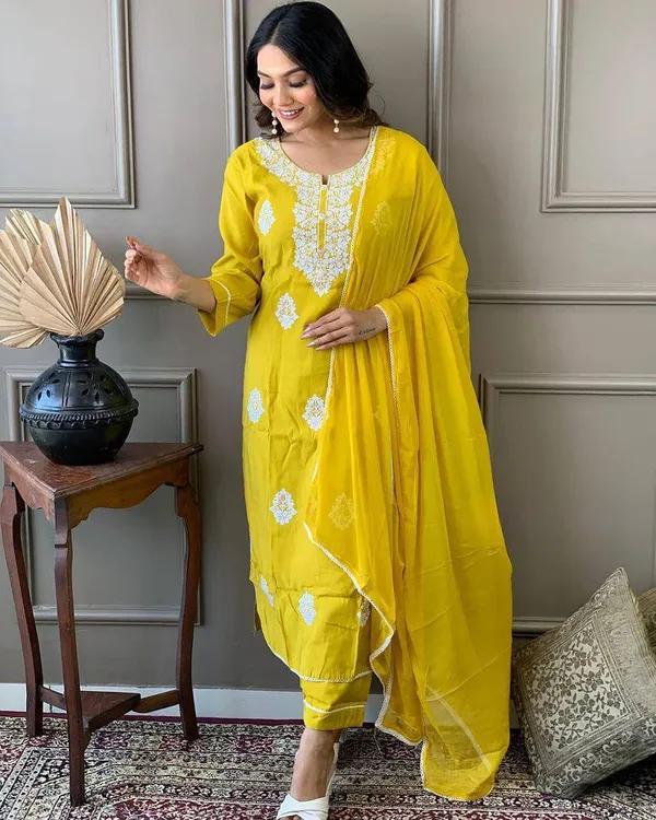 Yellow_Chanderi_Viscose_Embroidered_A-Line_Kurta_With_Dupatta_And_Pant_Set_For_Women