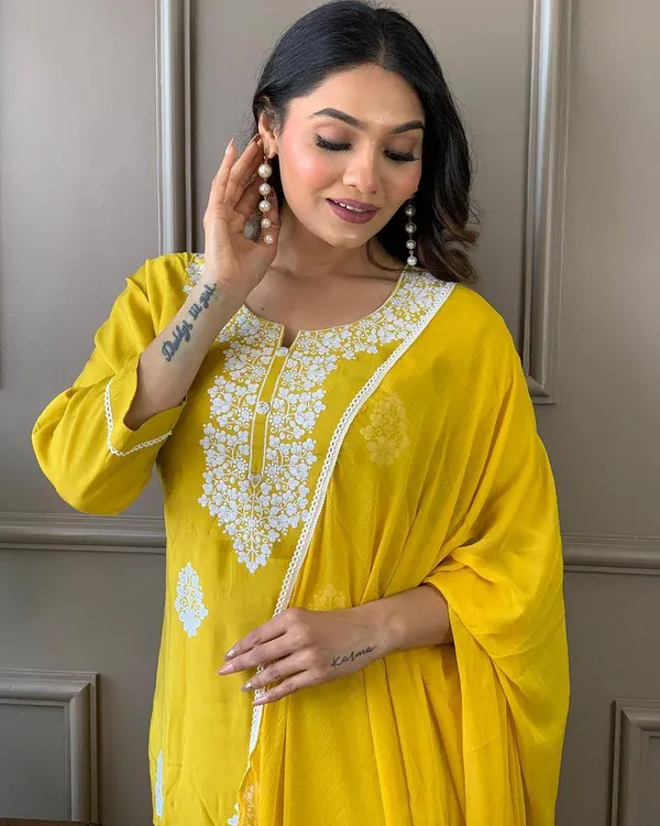 Yellow_Chanderi_Viscose_Embroidered_A-Line_Kurta_With_Dupatta_And_Pant_Set_For_Women