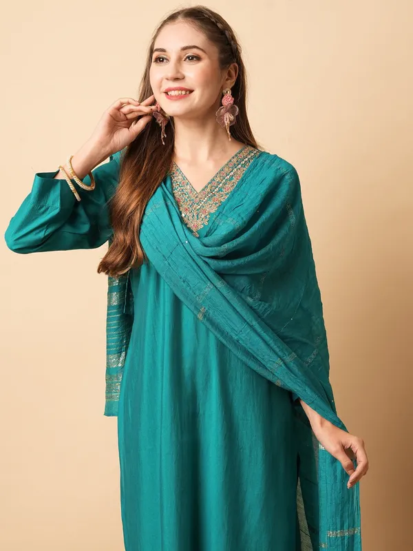 Blue_Chanderi_Viscose_Embroidered_A-Line_Kurta_With_Dupatta_And_Pant_Set_For_Women