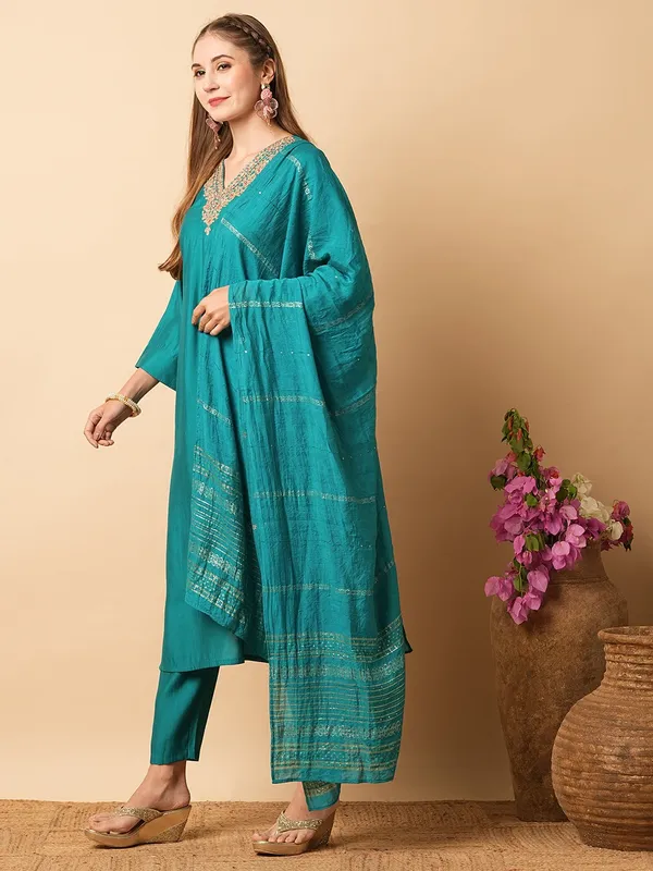 Blue_Chanderi_Viscose_Embroidered_A-Line_Kurta_With_Dupatta_And_Pant_Set_For_Women