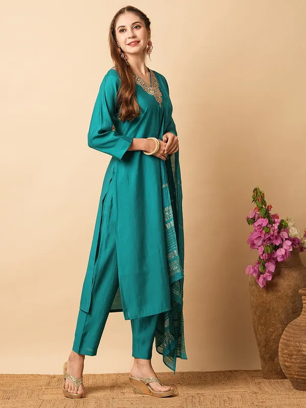 Blue_Chanderi_Viscose_Embroidered_A-Line_Kurta_With_Dupatta_And_Pant_Set_For_Women