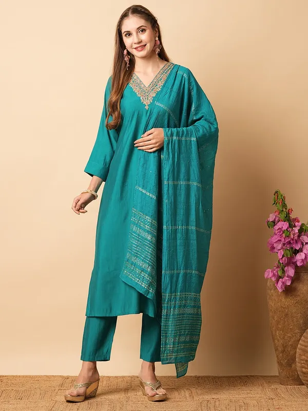 Blue_Chanderi_Viscose_Embroidered_A-Line_Kurta_With_Dupatta_And_Pant_Set_For_Women