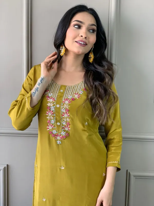 Mustard_Chanderi_Viscose_Embroidered_A-Line_Kurta_With_Dupatta_And_Pant_Set_For_Women