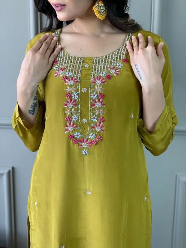 Mustard_Chanderi_Viscose_Embroidered_A-Line_Kurta_With_Dupatta_And_Pant_Set_For_Women