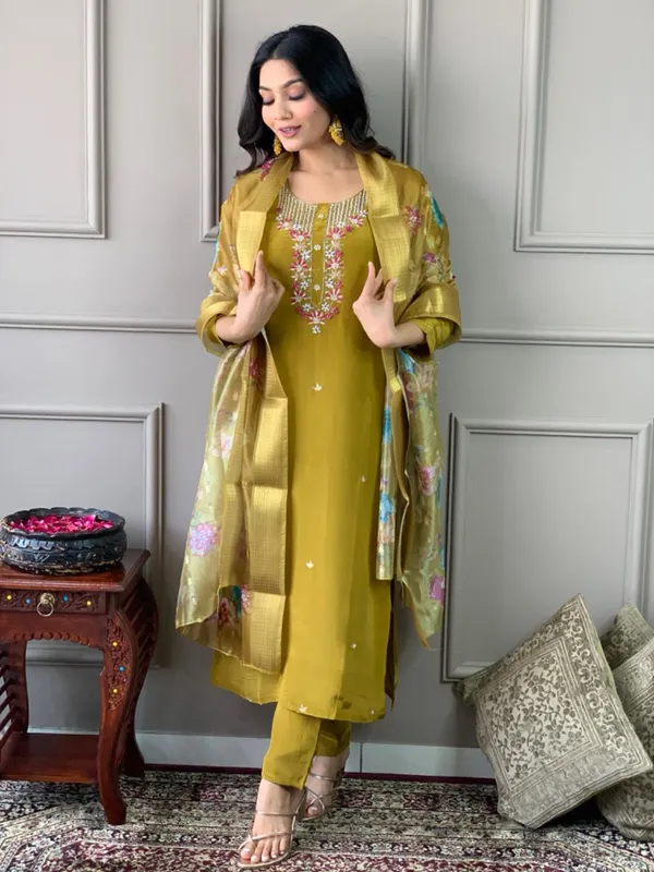 Mustard_Chanderi_Viscose_Embroidered_A-Line_Kurta_With_Dupatta_And_Pant_Set_For_Women