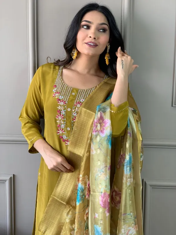 Mustard_Chanderi_Viscose_Embroidered_A-Line_Kurta_With_Dupatta_And_Pant_Set_For_Women