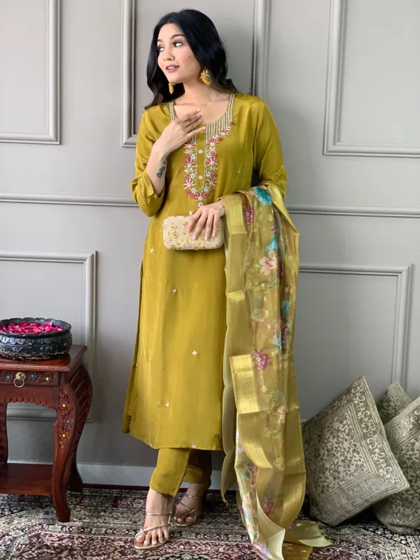 Mustard_Chanderi_Viscose_Embroidered_A-Line_Kurta_With_Dupatta_And_Pant_Set_For_Women