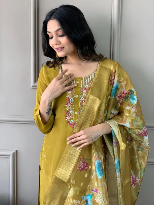 Mustard_Chanderi_Viscose_Embroidered_A-Line_Kurta_With_Dupatta_And_Pant_Set_For_Women