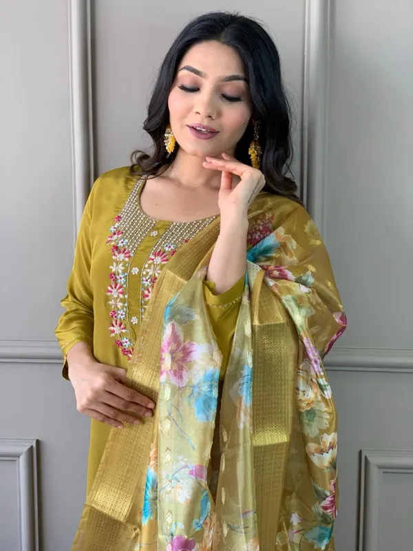 Mustard_Chanderi_Viscose_Embroidered_A-Line_Kurta_With_Dupatta_And_Pant_Set_For_Women