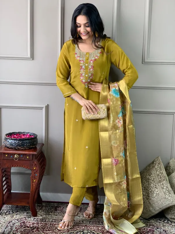 Mustard_Chanderi_Viscose_Embroidered_A-Line_Kurta_With_Dupatta_And_Pant_Set_For_Women
