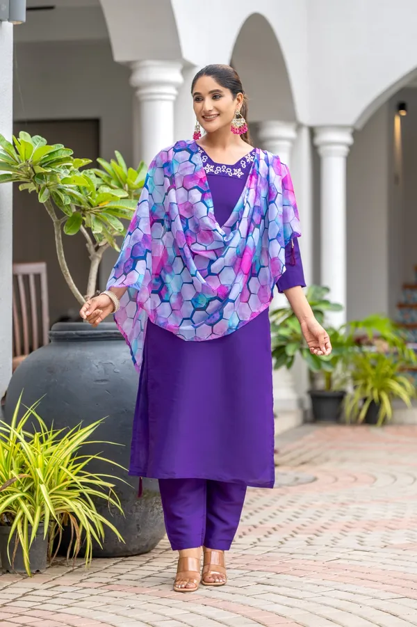 Purple_Rayon_Slub_Embroidered_A-Line_Kurta_With_Dupatta_And_Pant_Set_For_Women