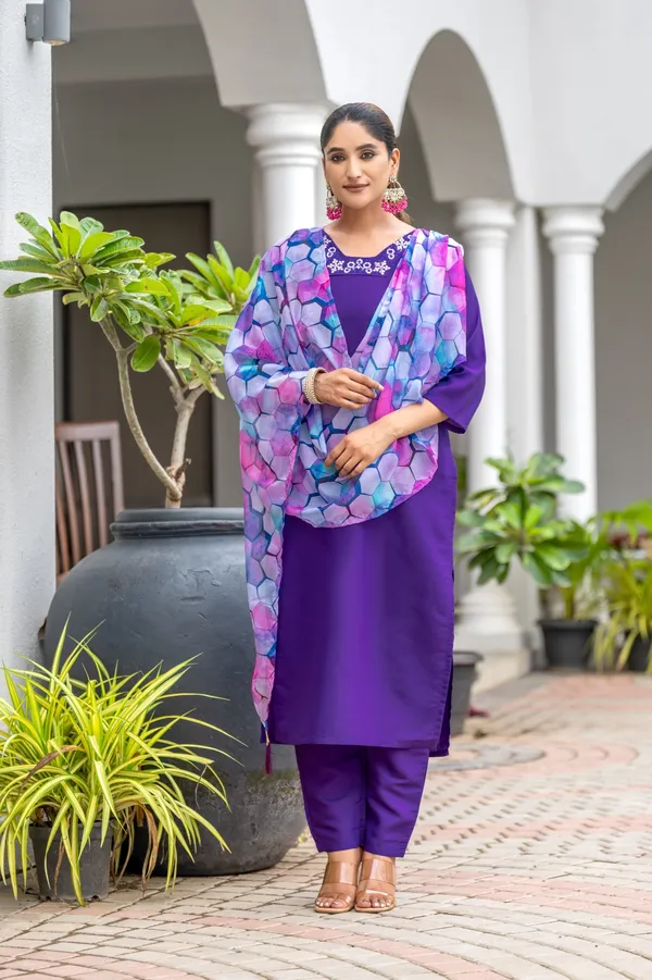 Purple_Rayon_Slub_Embroidered_A-Line_Kurta_With_Dupatta_And_Pant_Set_For_Women