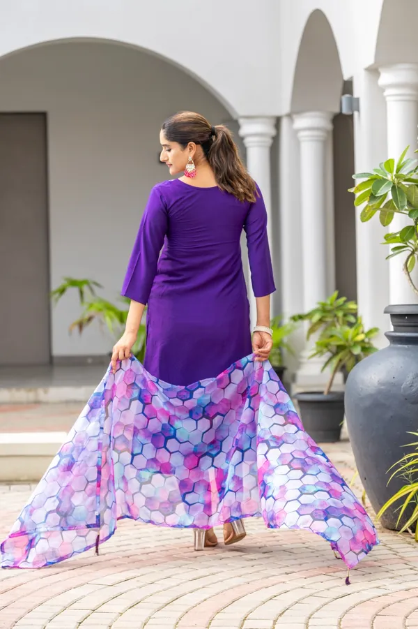 Purple_Rayon_Slub_Embroidered_A-Line_Kurta_With_Dupatta_And_Pant_Set_For_Women