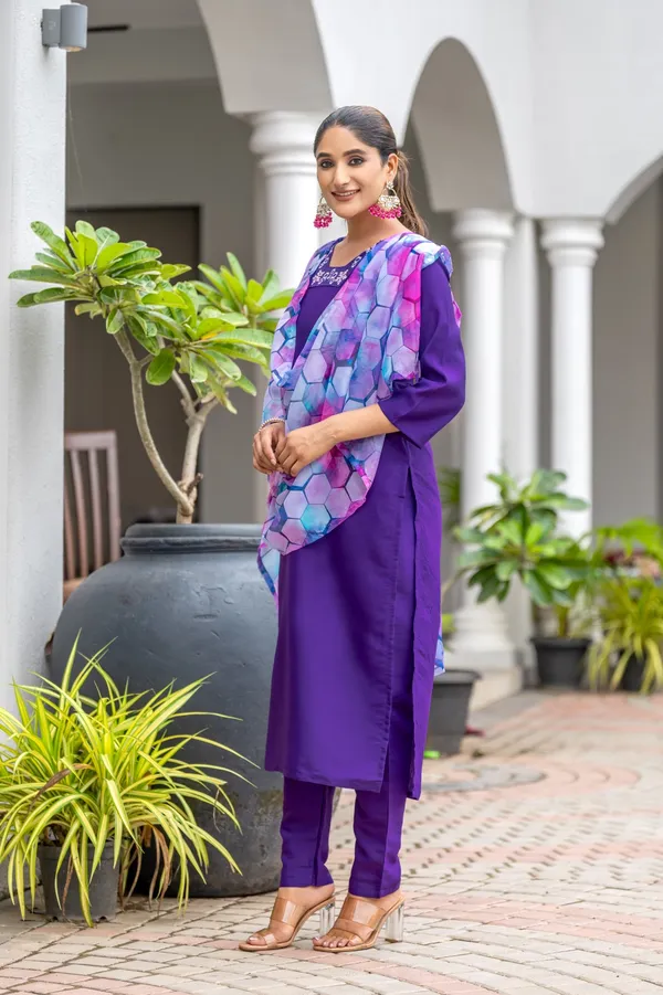 Purple_Rayon_Slub_Embroidered_A-Line_Kurta_With_Dupatta_And_Pant_Set_For_Women