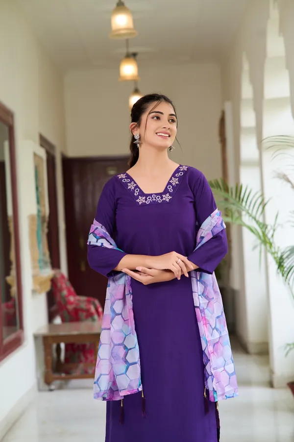 Purple_Rayon_Slub_Embroidered_A-Line_Kurta_With_Dupatta_And_Pant_Set_For_Women