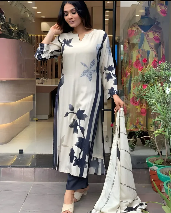 Cream_Muslin_Embroidered_A-Line_Kurta_With_Dupatta_And_Pant_Set_For_Women
