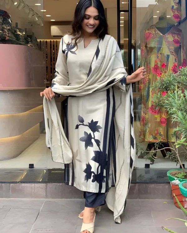 Cream_Muslin_Embroidered_A-Line_Kurta_With_Dupatta_And_Pant_Set_For_Women