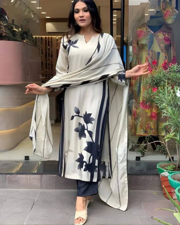 Cream_Muslin_Embroidered_A-Line_Kurta_With_Dupatta_And_Pant_Set_For_Women